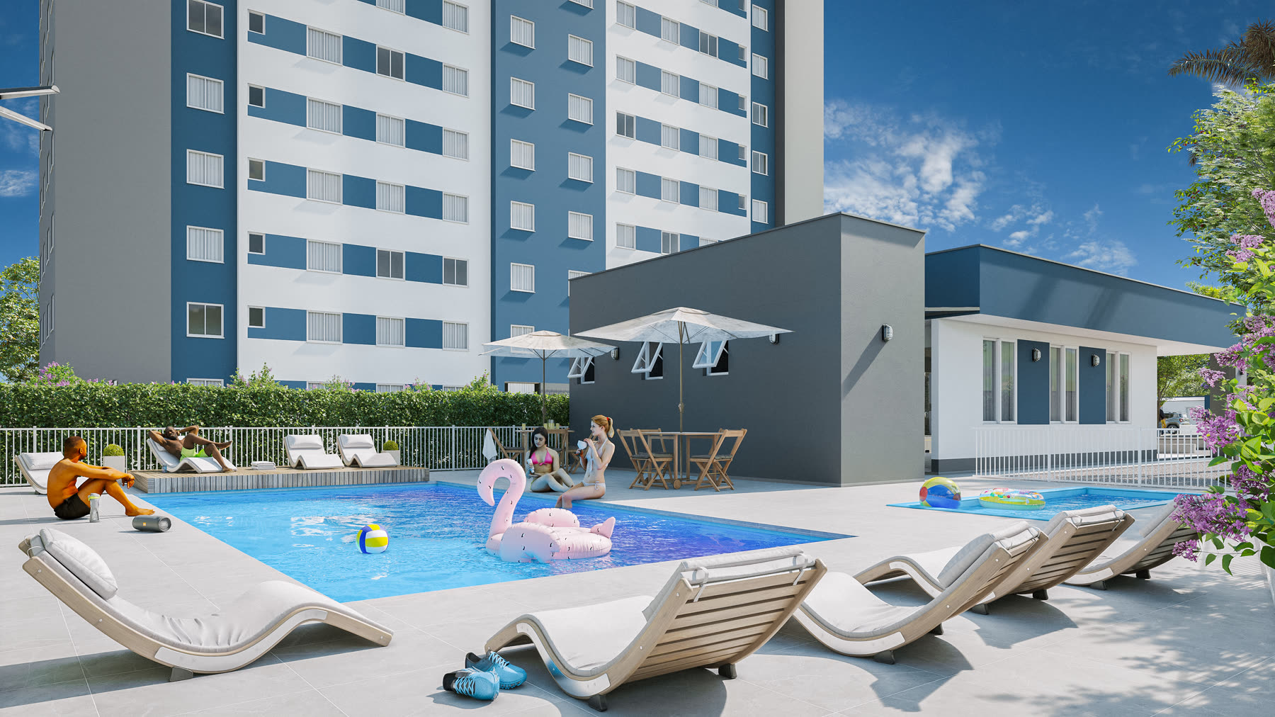 Área de lazer do Las Palmas com piscina adulto e infantil e espreguiçadeiras