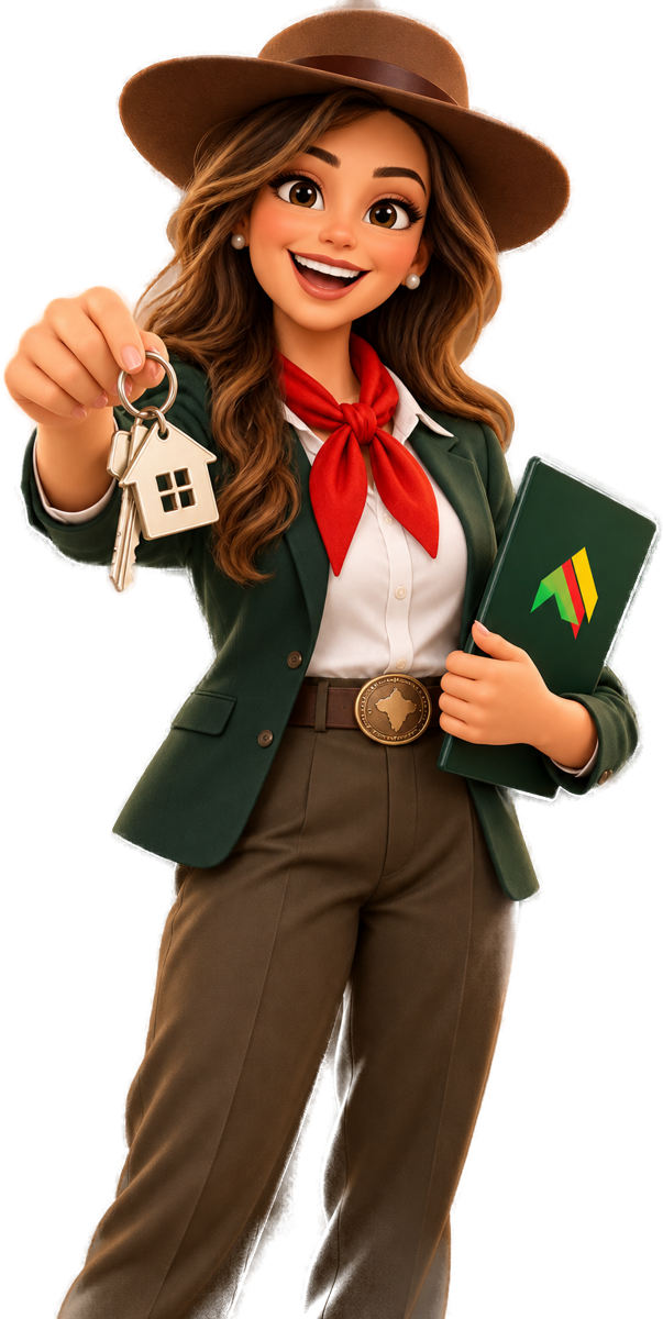 Mascote da Tchê Imobiliária, uma corretora de chapéu e lenço vermelho entregando as chaves de uma casa