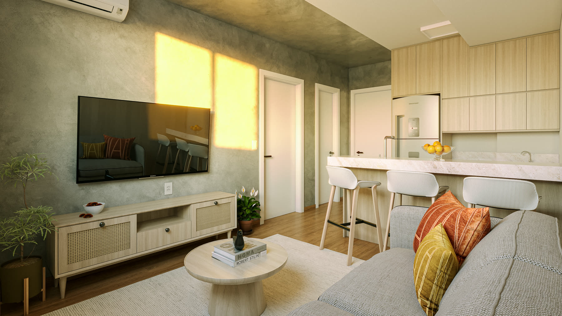 Sala de estar integrada à cozinha do apartamento decorado